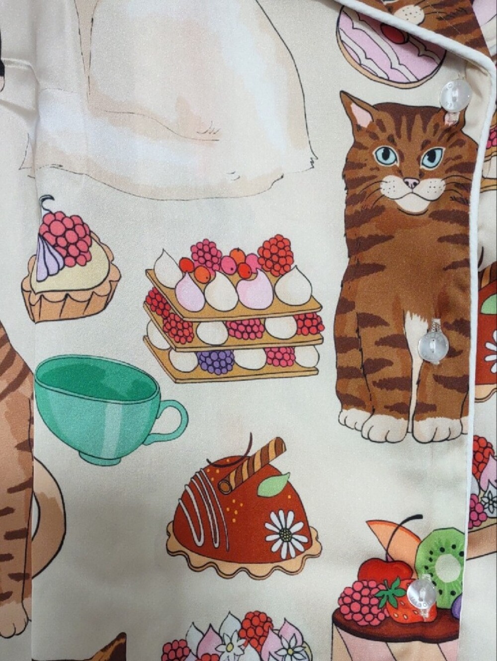 NWTS Karen Mabon Cat Café Satin Long Pajama Set Ivory Size XL - Picture 3 of 11